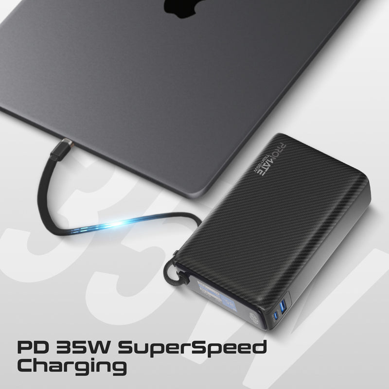 Promate Titan-35W 20000mAh Ultra Compact 35W SuperSpeed Power Bank with Built-In USB-C Cable - Black