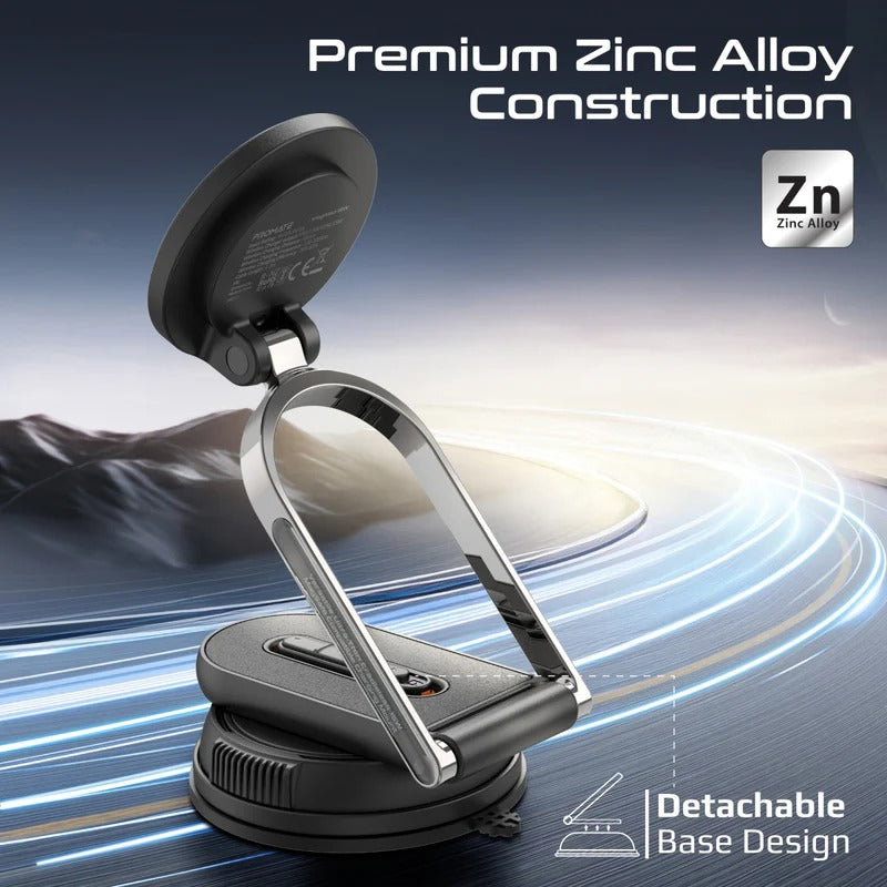 Promate Versatile Ultra-Thin Cradleless 15W MagSafe Compatible Wireless Car Charger  Detachable base  - Black