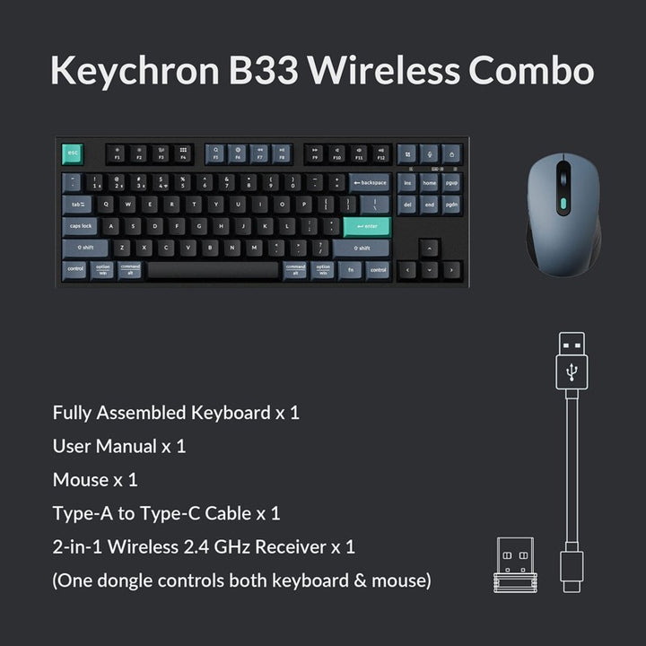 كومبو كيبورد Keychron B33 عربي وماوس BM25 لاسلكي، بتصميم ٨٠٪ TKL – أسود وأخضر