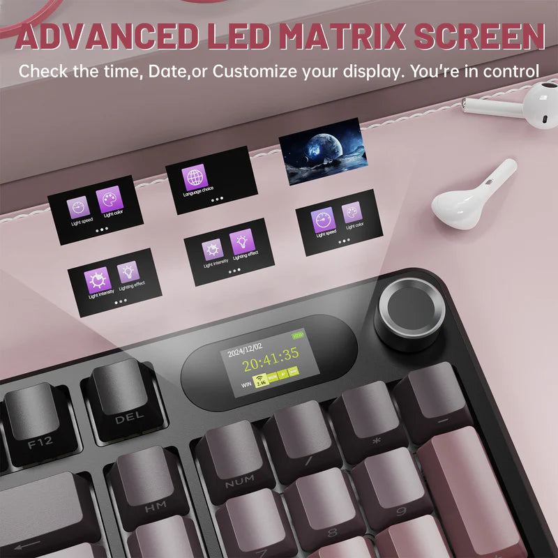 لوحة مفاتيح ألعاب ATTACK SHARK X98PRO بعدد 99 زرًا مع وضع اتصال ثلاثي، وشاشة عرض LED ملوّنة، ولوحة أرقام مدمجة - Pink Blueberry Switch