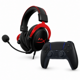 وحدة تحكم لاسلكية DualSense سوداء لجهاز PS5 مع ميكروفون HyperX Cloud II Pro للألعاب، حزمة خاصة باللونين الأسود والفضي