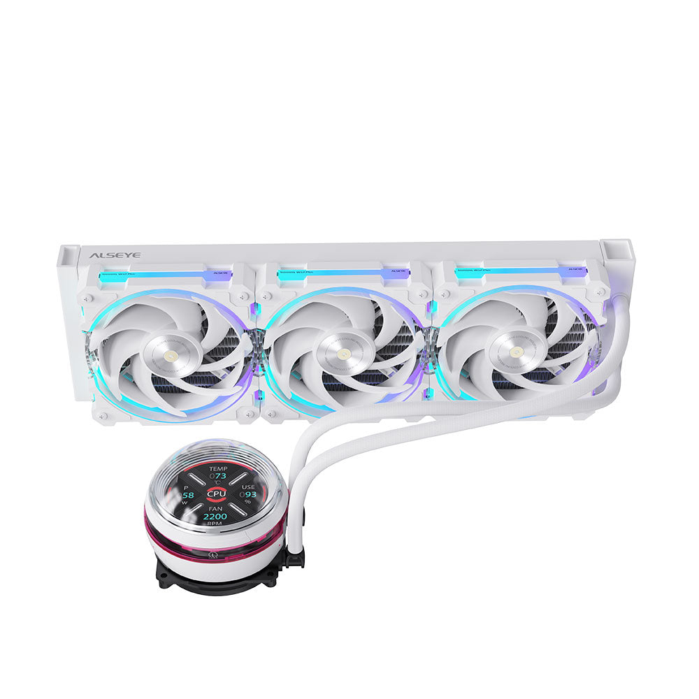 Alseye W360-L-W 360mm AIO Liquid Coolers, 320W TDP low noise ARGB pump with 2.1 inch screen - White