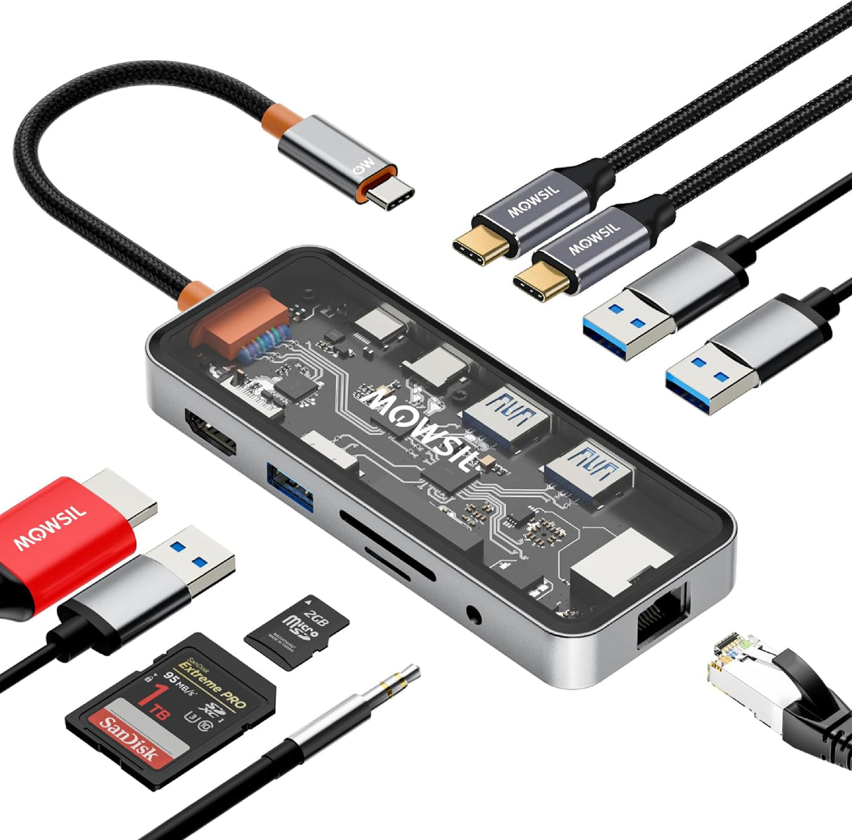 محطة إرساء موسيل 10 في 1 USB-C | شحن سريع بقدرة 100 واط | HDMI بدقة 4K 60 هرتز، RJ45، USB، SD/TF، ​​صوت | متوافقة مع MacBook و iPad