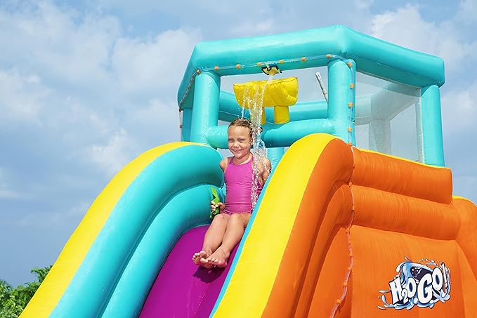 BESTWAY 5.65M X 3.73M X 2.65M TIDAL TOWER MEGA WATER PARK (Contents:1 slide, 1 blower(stakes included), 1 repair kit (multiple assorted patches), 1 storage bag,13 bouncer stakes, 1 waters spraying hose,) Age 5+ / 53385