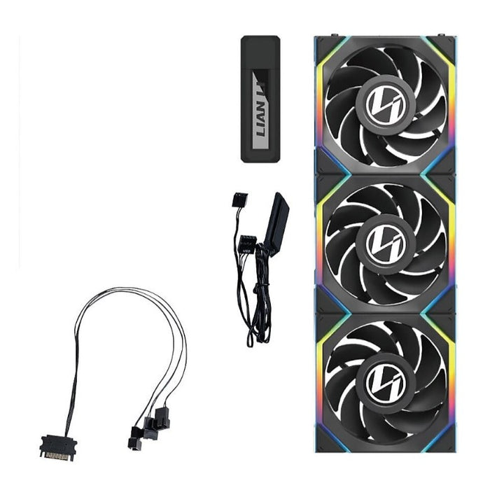 مراوح LIAN LI UNI FAN SL اللاسلكية مع شاشة LCD وشفرات عكسية 120mm ARGB (حزمة 3) – أسود