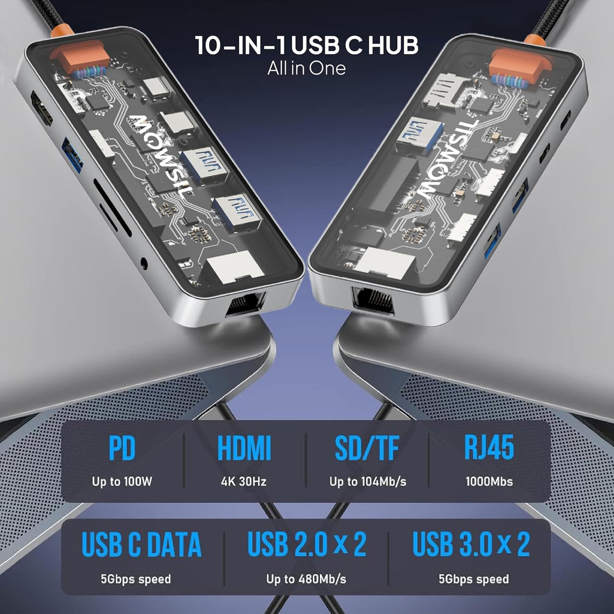 محطة إرساء موسيل 10 في 1 USB-C | شحن سريع بقدرة 100 واط | HDMI بدقة 4K 60 هرتز، RJ45، USB، SD/TF، ​​صوت | متوافقة مع MacBook و iPad