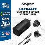 Energizer Ultimate 65W PD/QC Wall Charger with Universal Plug, GaN Technology, Dual Output, , Black