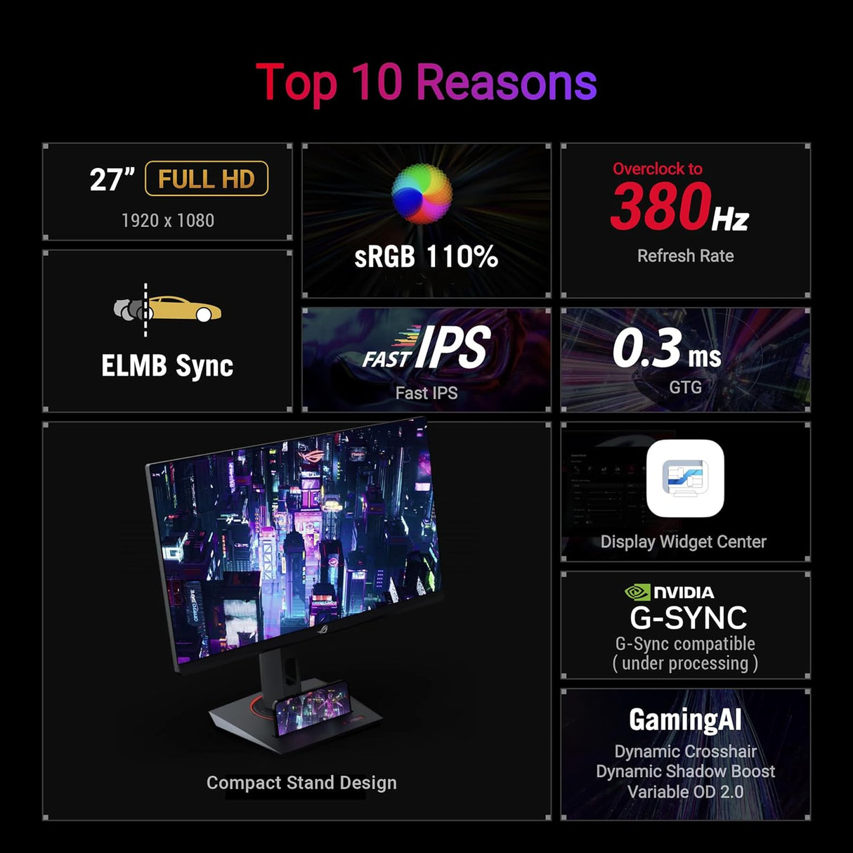 ASUS ROG Strix XG279CNS 27" FHD (1920x1080), 380Hz(OC) Refresh Rate, 0.3ms GTG Response, Extreme Low Motion Blur Sync (ELMB), DisplayHDR 400, HDMI 2.1, G-SYNC & FreeSync Compatible, Fast IPS Gaming Monitor - Black