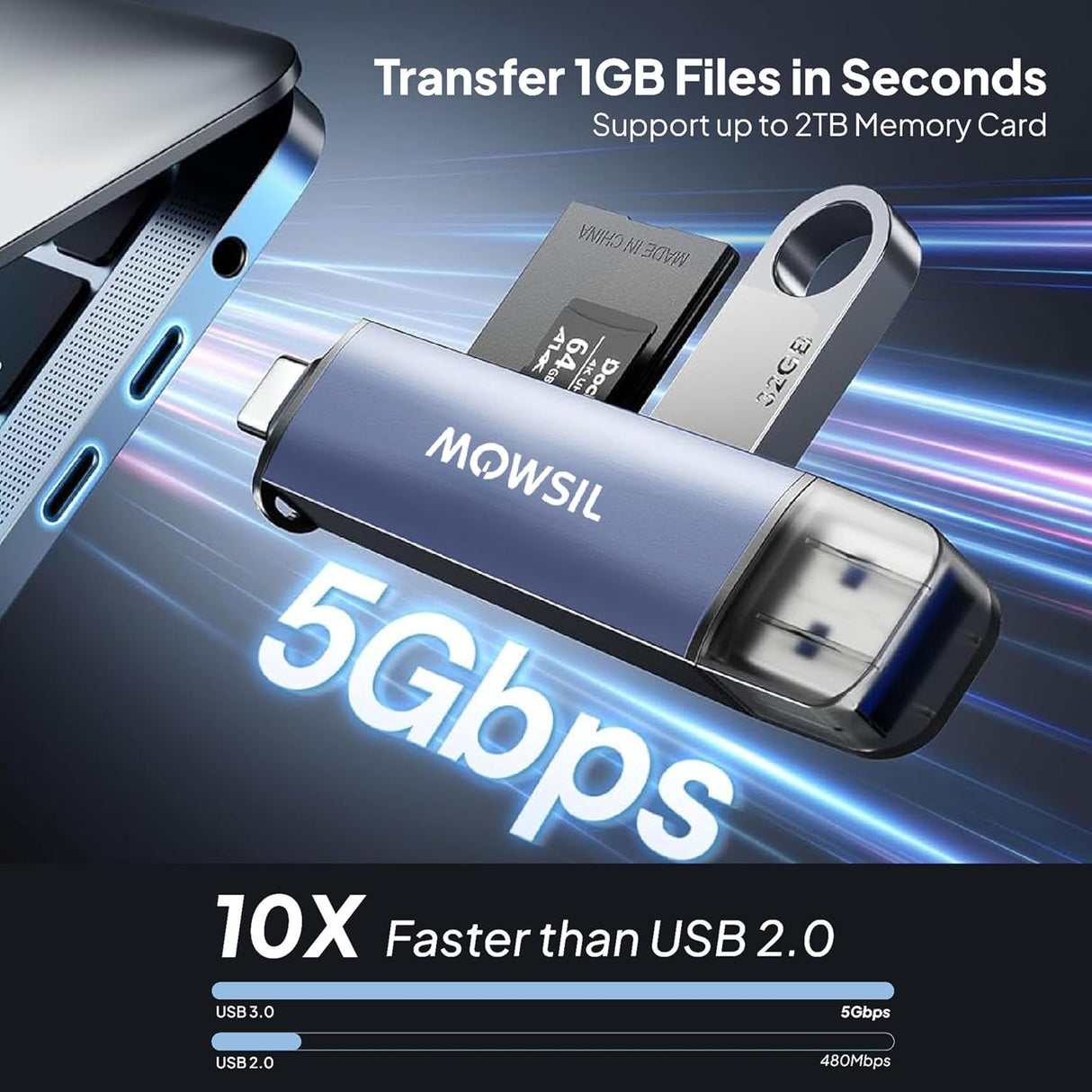 قارئ بطاقات SD متعدد الوظائف من موسيل، يدعم USB 3.0 وUSB-C OTG | محول ثنائي الفتحة بسرعة 5 جيجابت في الثانية لأجهزة Mac وWindows