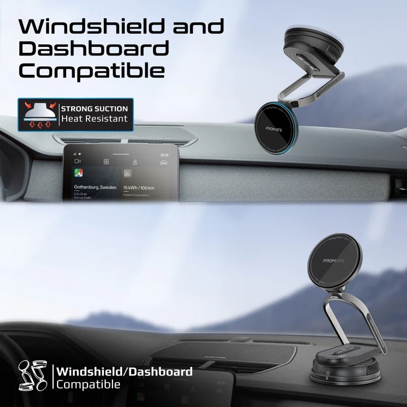 Promate Versatile Ultra-Thin Cradleless 15W MagSafe Compatible Wireless Car Charger  Detachable base  - Black