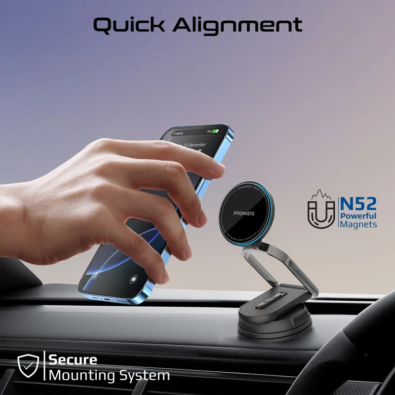 Promate Versatile Ultra-Thin Cradleless 15W MagSafe Compatible Wireless Car Charger  Detachable base  - Black