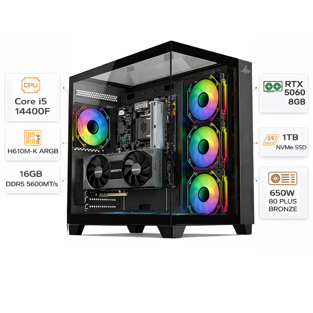 i5-14400F、RTX5060搭載、自作デスクトップPC Custom Gaming Pc Intel Core i5-14400F, RTX 5060 8GB, (2*8)16GB RAM