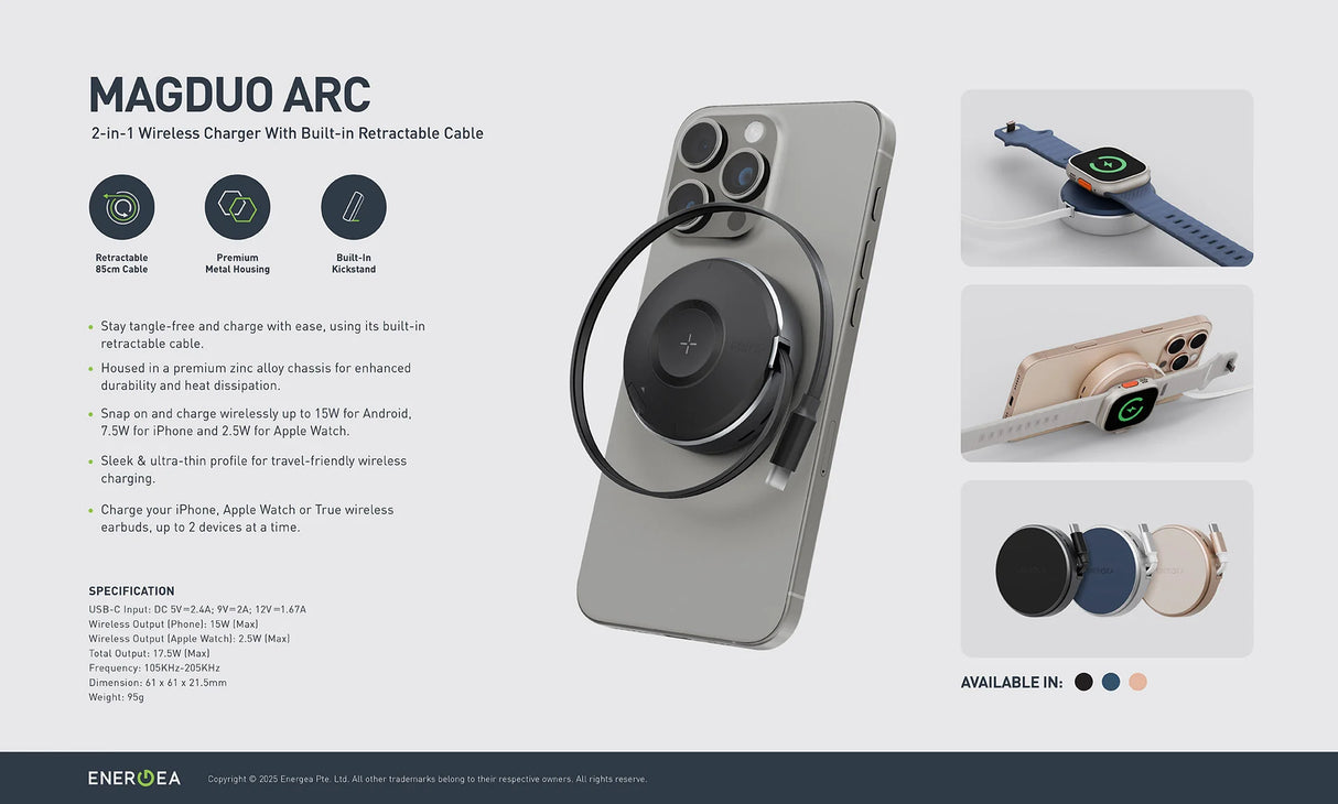 Energea MAGDUO ARC, 2IN1 PHONE  AND APPLE WATCH CHARGER WITH RETRACTABLE CABLE- GUN
