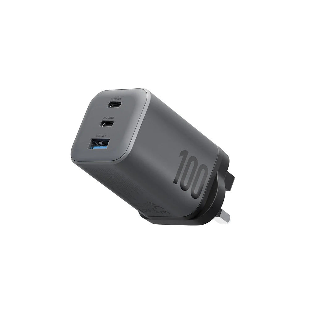 شاحن حائط Energea AMPCHARGE MINI 100، 2C1A PD/PPS/QC3.0 GAN، بقوة 100 واط (المملكة المتحدة) - لون رمادي معدني
