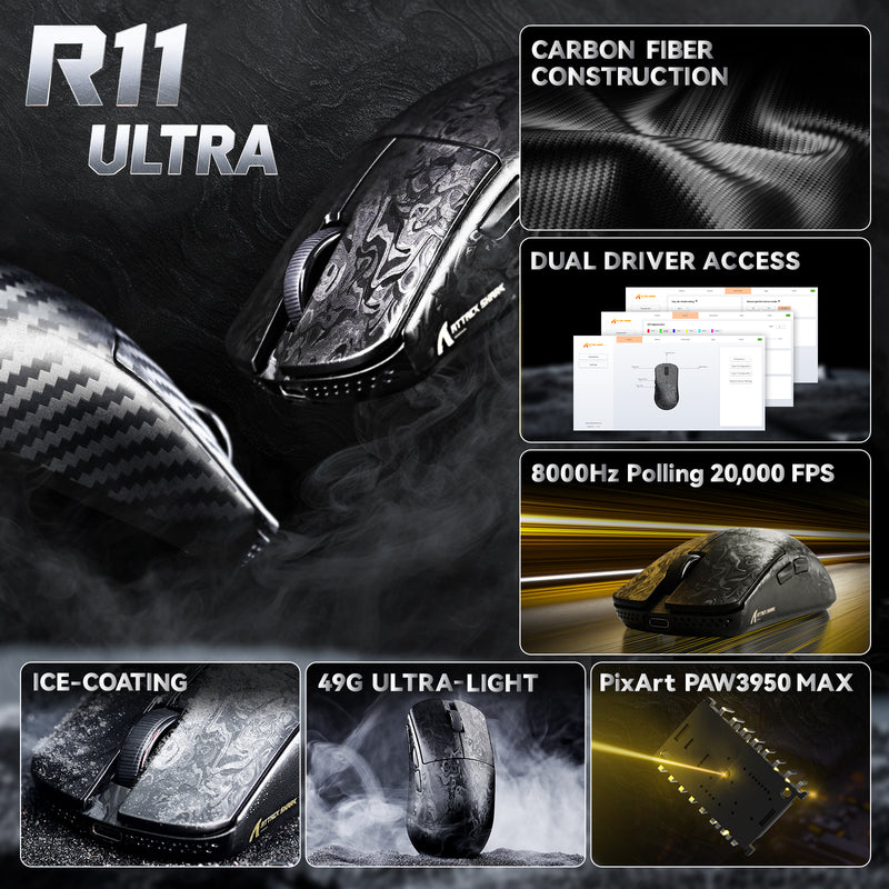 ATTACK SHARK R11 Ultra Carbon Fiber Wireless 8K Gaming Mouse (PAW3950MAX) up to 42000 DPI - Weave Black