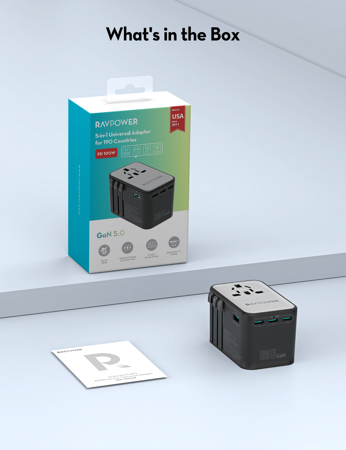 RAVPower RP-PC1077 GaN100W 5-in-1 Universal Adapter - PC1077