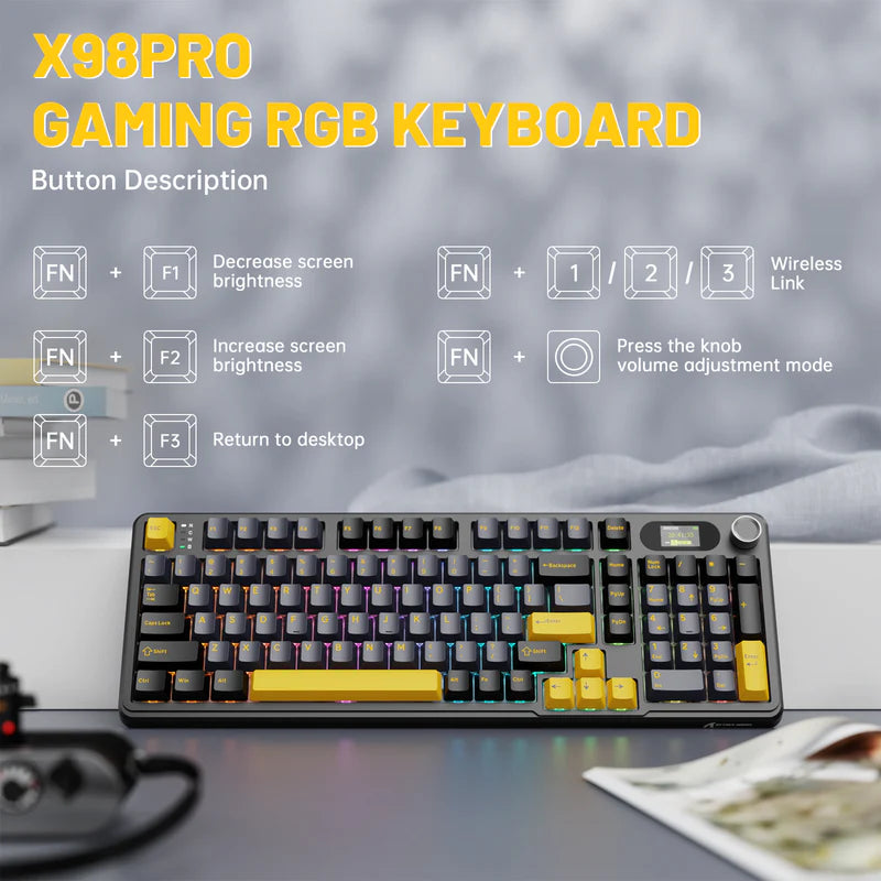 ATTACK SHARK X98PRO 99 Keys Tri-Mode Gaming Keyboard with LED Color Display & Number Pad - Black Star Blueberry switch (Arabic)