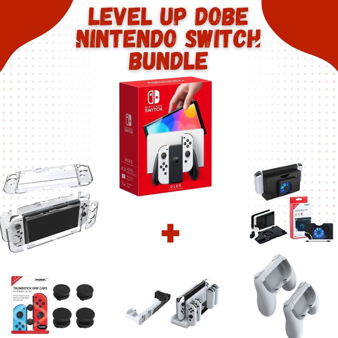 Dobe Nintendo Switch Bundle: Switch Device + Controller Grip + Caps + Case + Joy-Con Charger + Cooling Fan