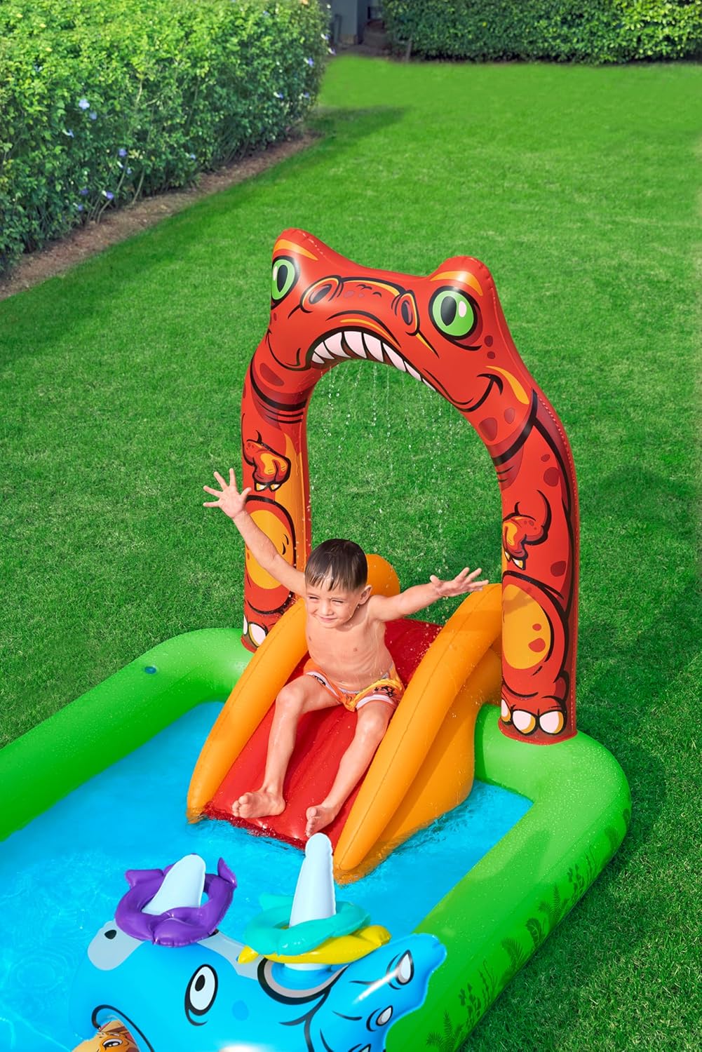 BESTWAY 2.41M X 1.40M X 1.37M JURASSIC SPLASH PLAY CENTER (1 pool, 3 fish shaped rings,1 triceratops ring target, 1 pteranodon ball catch, 1 pteranodon, 1 T-rex, 4 play balls, repair patch.) Age 2+ / 53160