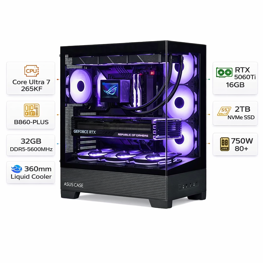 Custom Gaming PC Ultra 7 265KF, RTX 5060 Ti 16GB, 32GB DDR5 RAM