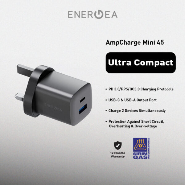 Energea AMPCHARGE MINI 45, PD/PPS/QC3.0 GAN WALL CHARGER, 45W (UK) - GUNMETAL (EOL)