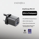 Energea AMPCHARGE MINI 45, PD/PPS/QC3.0 GAN WALL CHARGER, 45W (UK) - GUNMETAL (EOL)