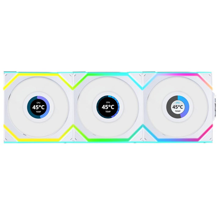 مراوح LIAN LI UNI FAN SL Wireless LCD Reverse Blade 120mm ARGB مع شاشة LCD بحجم 1.6 بوصة – عبوة 3 مراوح – أبيض