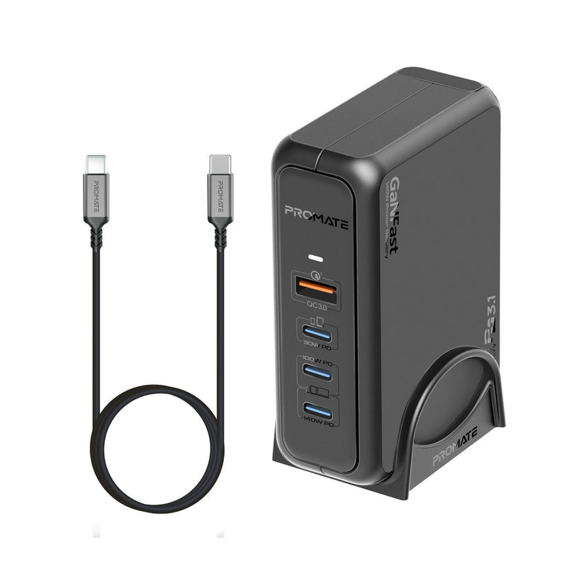 Promate GANPORT-140W UK 140W Super-Speed GaNFast™ Charging Station with Power Delivery 3.1 & Quick Charge 3.0 - Black