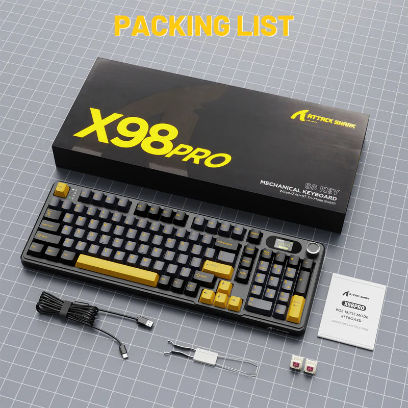 ATTACK SHARK X98PRO 99 Keys Tri-Mode Gaming Keyboard with LED Color Display & Number Pad - Black Star Blueberry switch (Arabic)