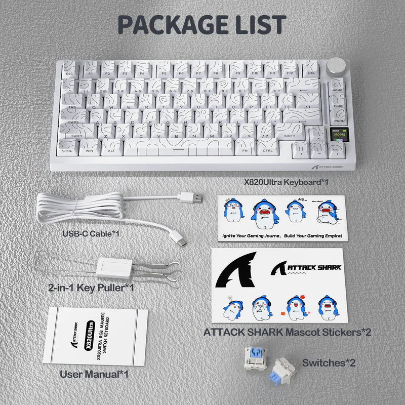 ATTACK SHARK X820 Ultra Tri-Mode 75% Gasket Mechanical Keyboard - White Contours + Shark Switch