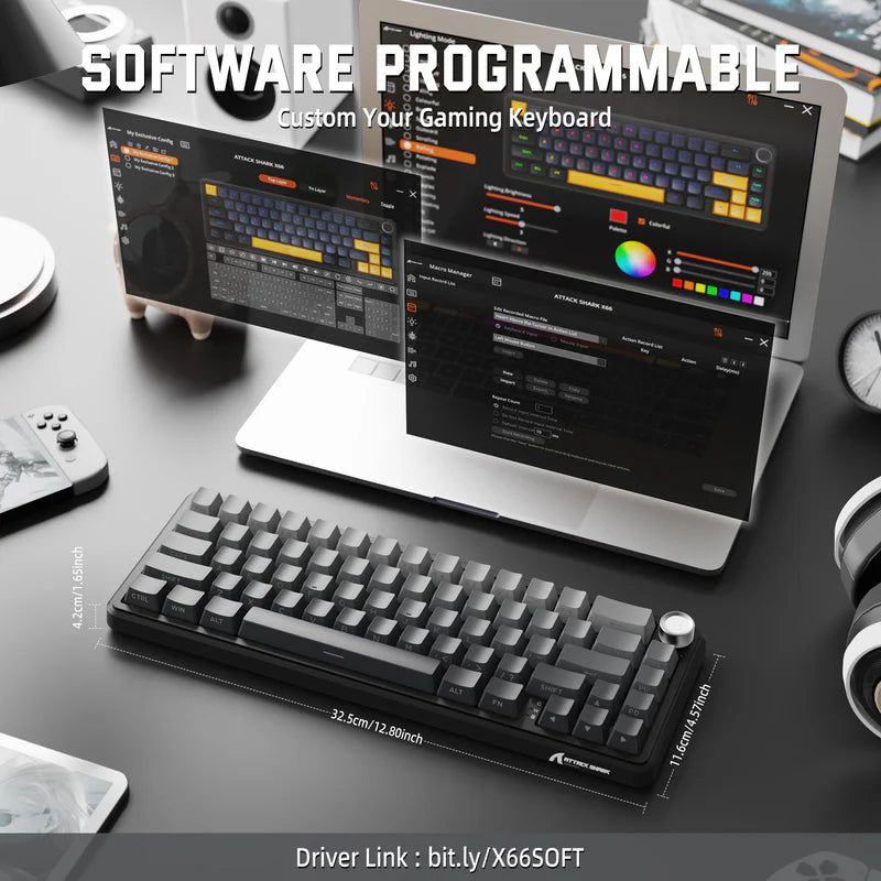 لوحة مفاتيح ميكانيكية لاسلكية ATTACK SHARK X66 60% مع أغطية مفاتيح PBT مطبوعة جانبيًا - Gradient Black Moon Light