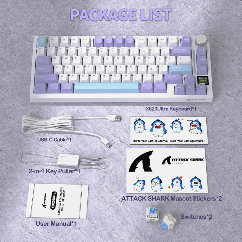 لوحة مفاتيح ميكانيكية ATTACK SHARK X820 Ultra Tri-Mode 75% Gasket - Star White Lavender + Shark Switch