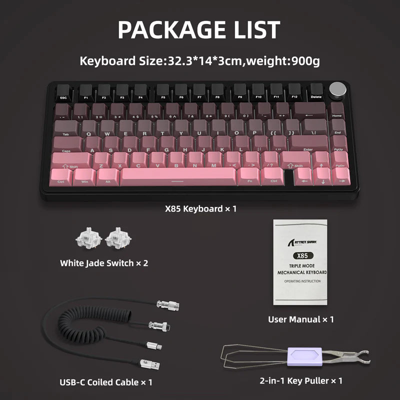 ATTACK SHARK X85 Tri-Mode 75% Gasket mounted Mechanical Keyboard - BlackBerry White Jade switch