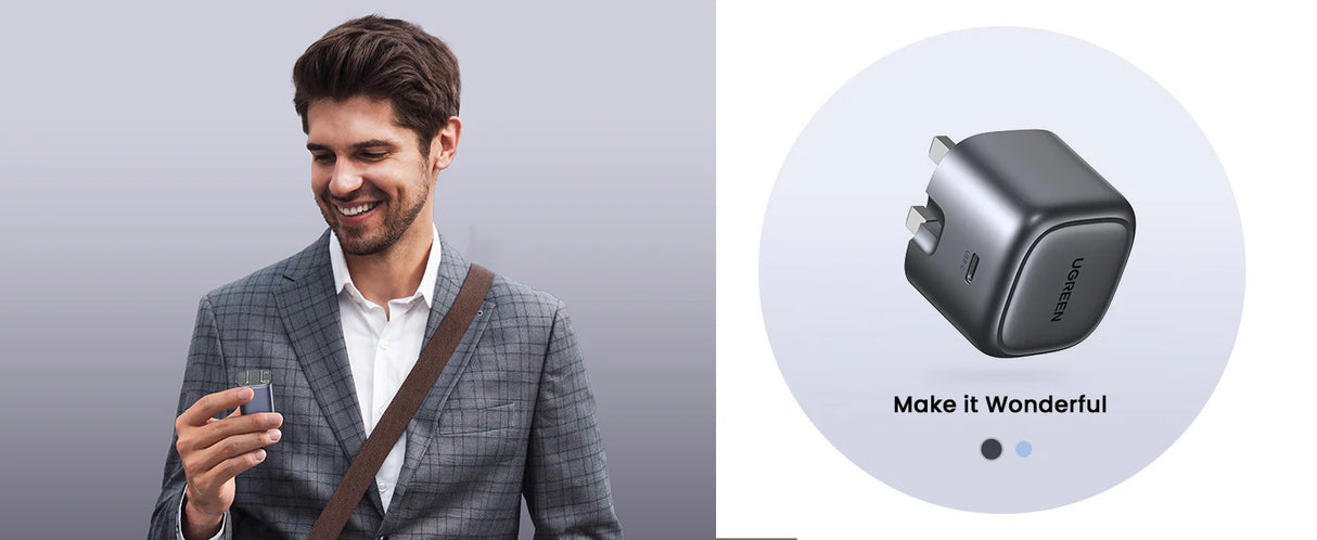 شاحن UGREEN Nexode 30W USB-C GaN سريع – بريطانيا (رمادي فضائي)
