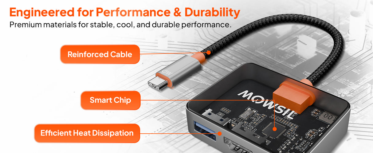 Mowsil USB-C to HDMI Multiport Adapter – 4K@60Hz, USB-A 5Gbps & 100W PD, Zinc Alloy 3-in-1 Dock for MacBook