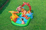 BESTWAY 2.41M X 1.40M X 1.37M JURASSIC SPLASH PLAY CENTER (1 pool, 3 fish shaped rings,1 triceratops ring target, 1 pteranodon ball catch, 1 pteranodon, 1 T-rex, 4 play balls, repair patch.) Age 2+ / 53160