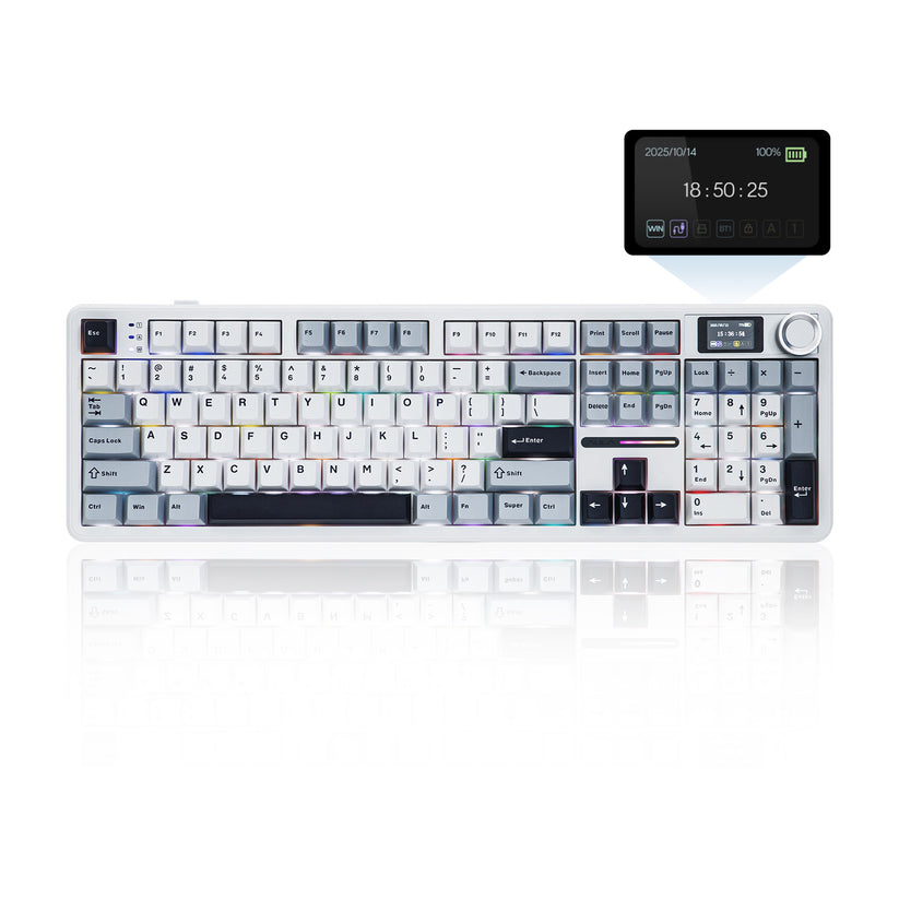 AULA F108 PRO 100% full Size with 108 Hot-Swappable Keys Wireless Gaming Keyboard with Screen , Knop & LEOBOG Nimbus Switch V3 - White Blue