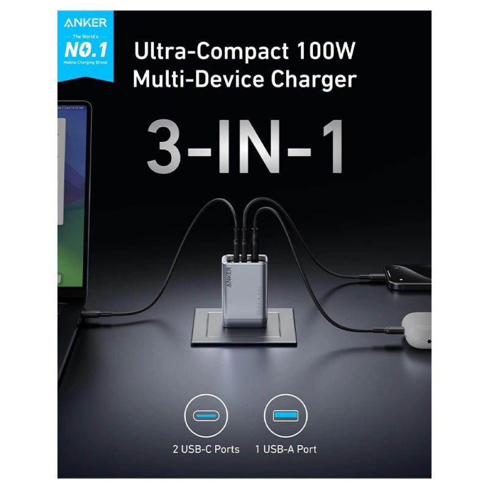 Anker Prime Charger (شاحن أنكر برايم 100 واط، 3 منافذ، GaN) A2688241 - فضي