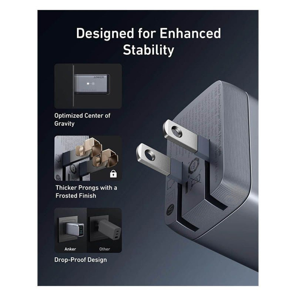 Anker Prime Charger (شاحن أنكر برايم 100 واط، 3 منافذ، GaN) A2688241 - فضي