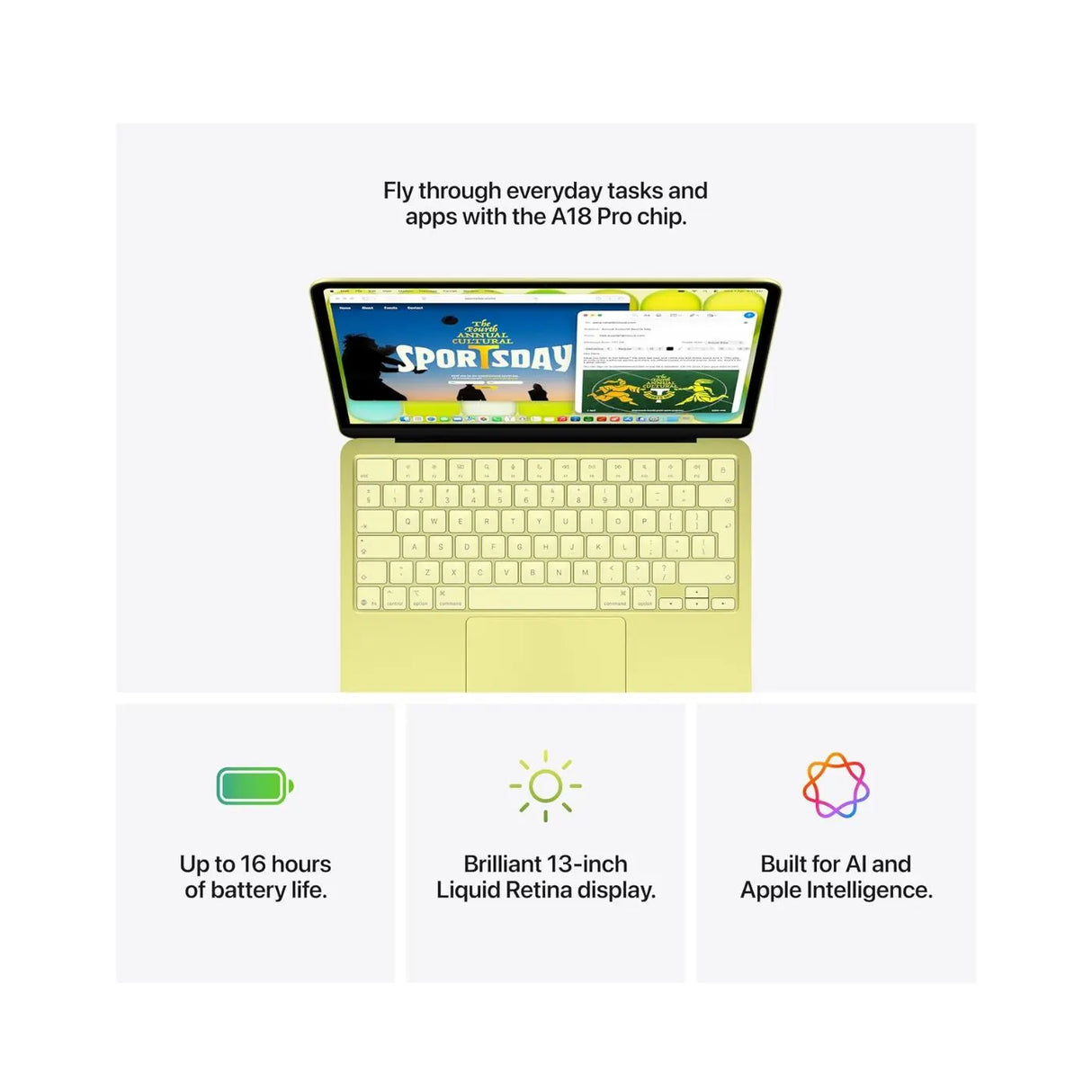 Apple MacBook Neo - 13" / A18 Pro / 6-core CPU / 5-core GPU / 16 Core Neural Engine / 8GB RAM / 256GB SSD / English - Arabic Keyboard Without Touch ID Citrus - 1YW / MHFD4AB