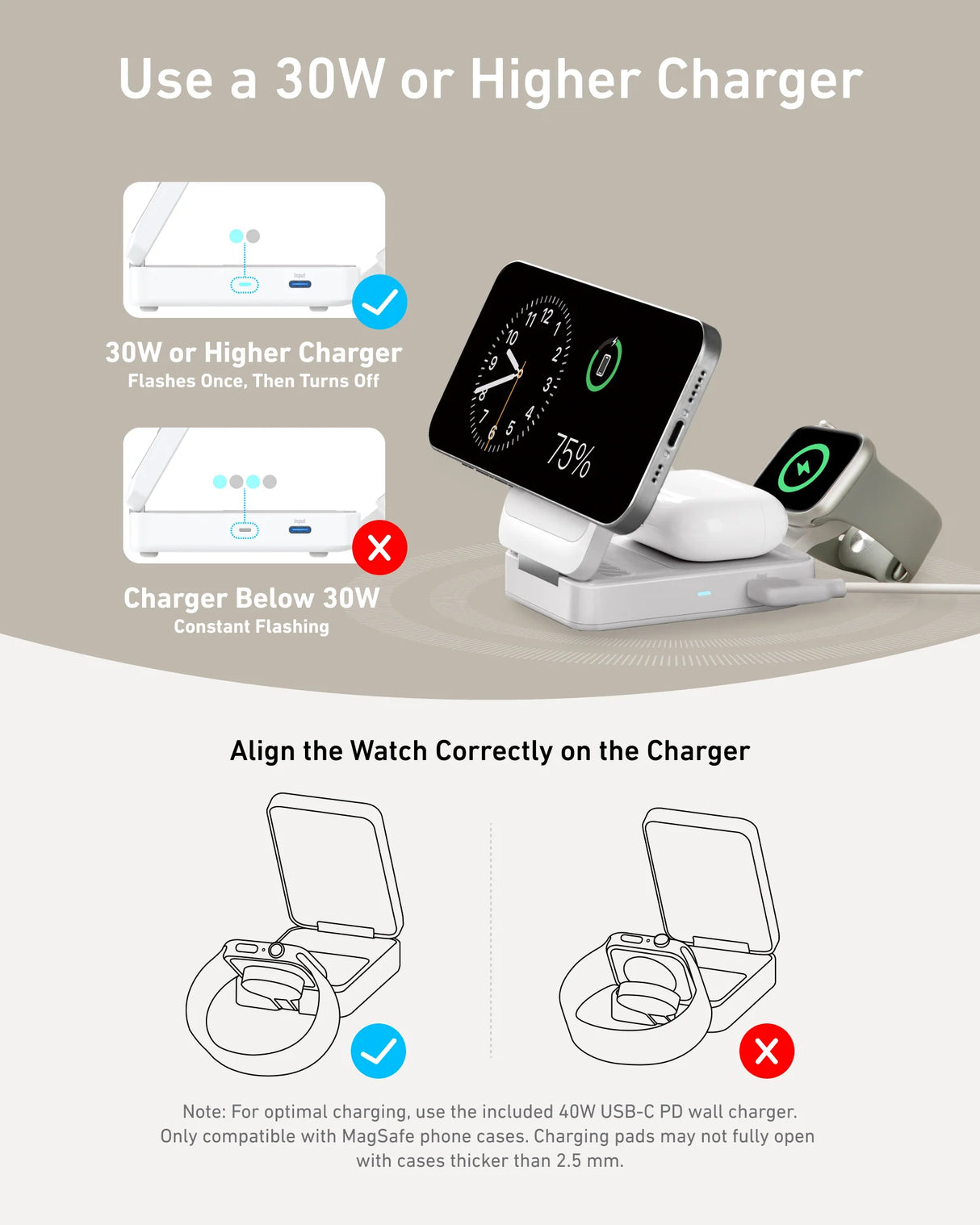 Anker MagGo Wireless Charging Station (3-in-1, Foldable Pad) with Adapter and Cable -Black