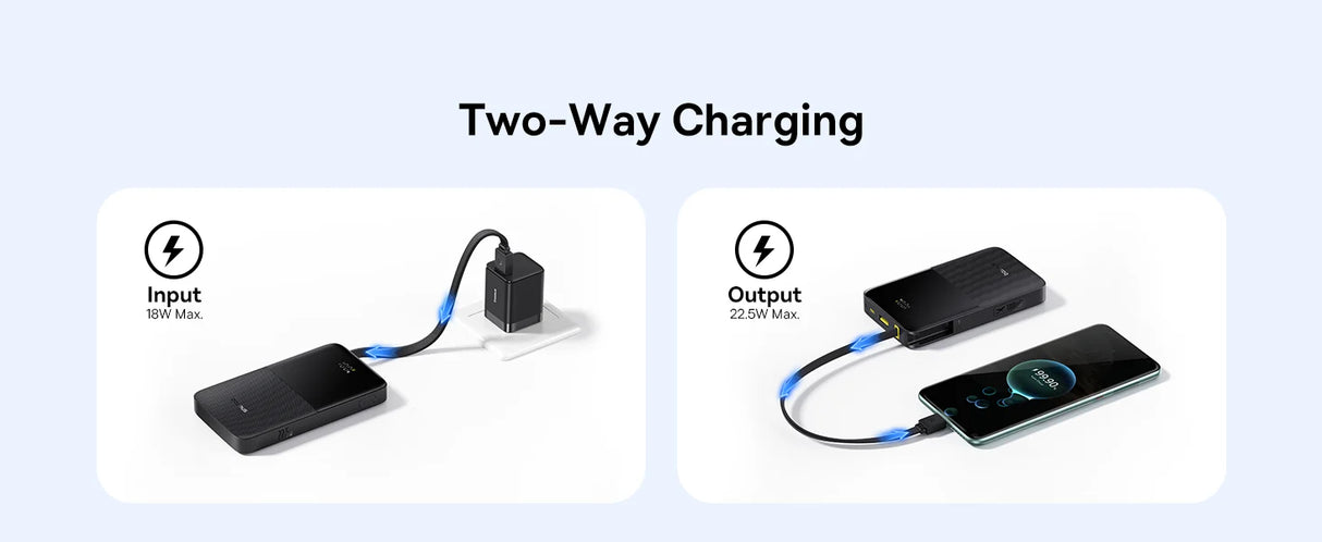 بنك طاقة Baseus EnerFill FC51 Bipow2 Pro بشاشة عرض رقمية وكابل مدمج، سعة 10000 مللي أمبير، قدرة 22.5 واط - أسود كوني