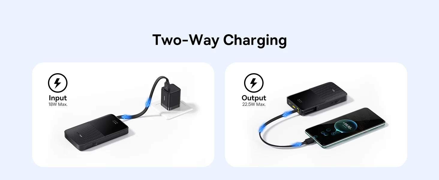بنك طاقة Baseus EnerFill FC51 Bipow2 Pro بشاشة عرض رقمية وكابل مدمج، سعة 10000 مللي أمبير، قدرة 22.5 واط - أسود كوني
