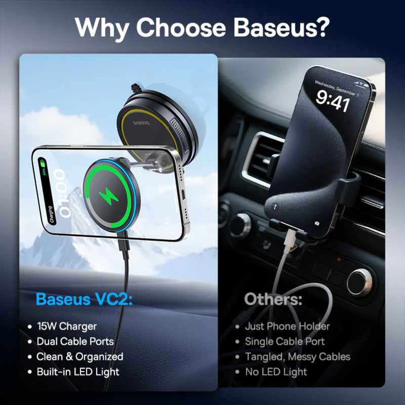 حامل شاحن سيارة لاسلكي مغناطيسي Baseus PrimeTrip VC2 Flex Pro بنسخة كوب الشفط - أسود كوني