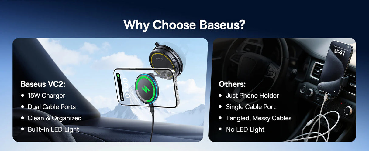 حامل شاحن سيارة لاسلكي مغناطيسي Baseus PrimeTrip VC2 Flex Pro بنسخة كوب الشفط - أسود كوني