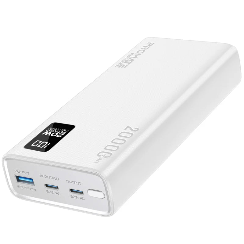 باور بنك ذكي مدمج من Promate مع شحن PD بقدرة 20W ومنافذ USB-C مزدوجة ومنفذ USB-A بقدرة 22.5W - أبيض