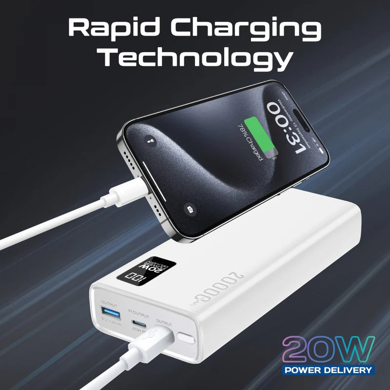 باور بنك ذكي مدمج من Promate مع شحن PD بقدرة 20W ومنافذ USB-C مزدوجة ومنفذ USB-A بقدرة 22.5W - أبيض