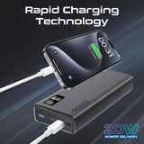بروميت بنك الطاقة الذكي المدمج BOLT-20PD مزود بمنفذي USB-C بقوة 20 واط بتقنية الشحن السريع PD ومنفذي USB-A بقوة 22.5 واط - اسود