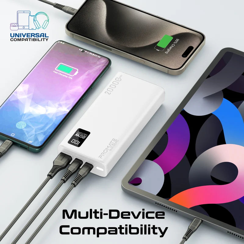 باور بنك ذكي مدمج من Promate مع شحن PD بقدرة 20W ومنافذ USB-C مزدوجة ومنفذ USB-A بقدرة 22.5W - أبيض
