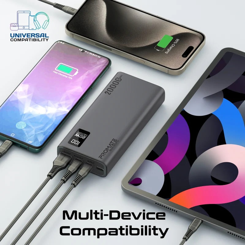 بروميت بنك الطاقة الذكي المدمج BOLT-20PD مزود بمنفذي USB-C بقوة 20 واط بتقنية الشحن السريع PD ومنفذي USB-A بقوة 22.5 واط - اسود